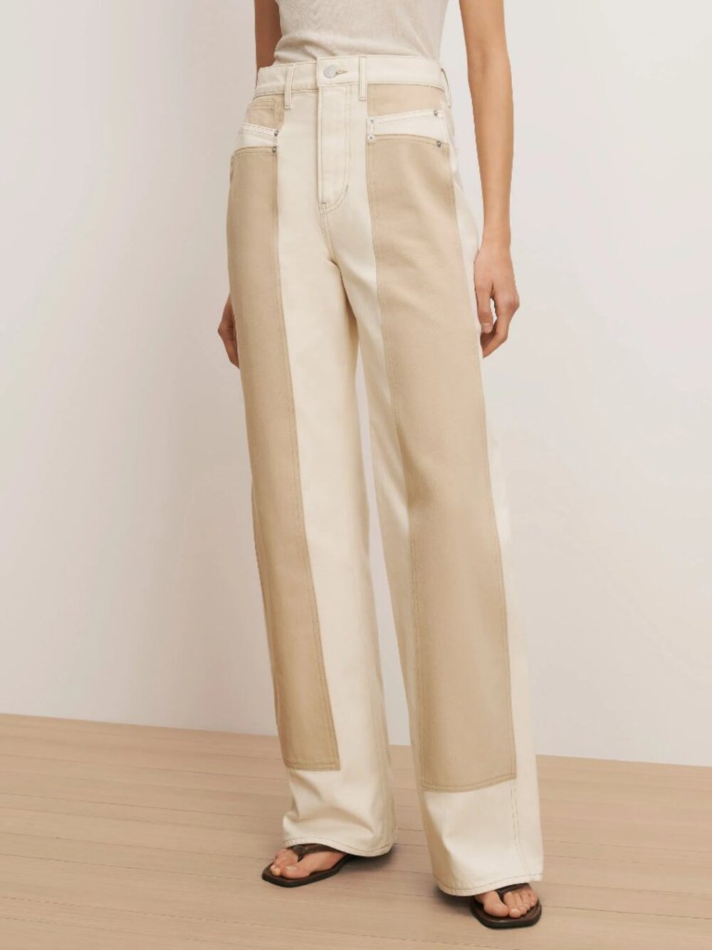 Veronica Beard Taylor Color-block Jeans Wide Leg High Rise Paneled Denim Ecru 28